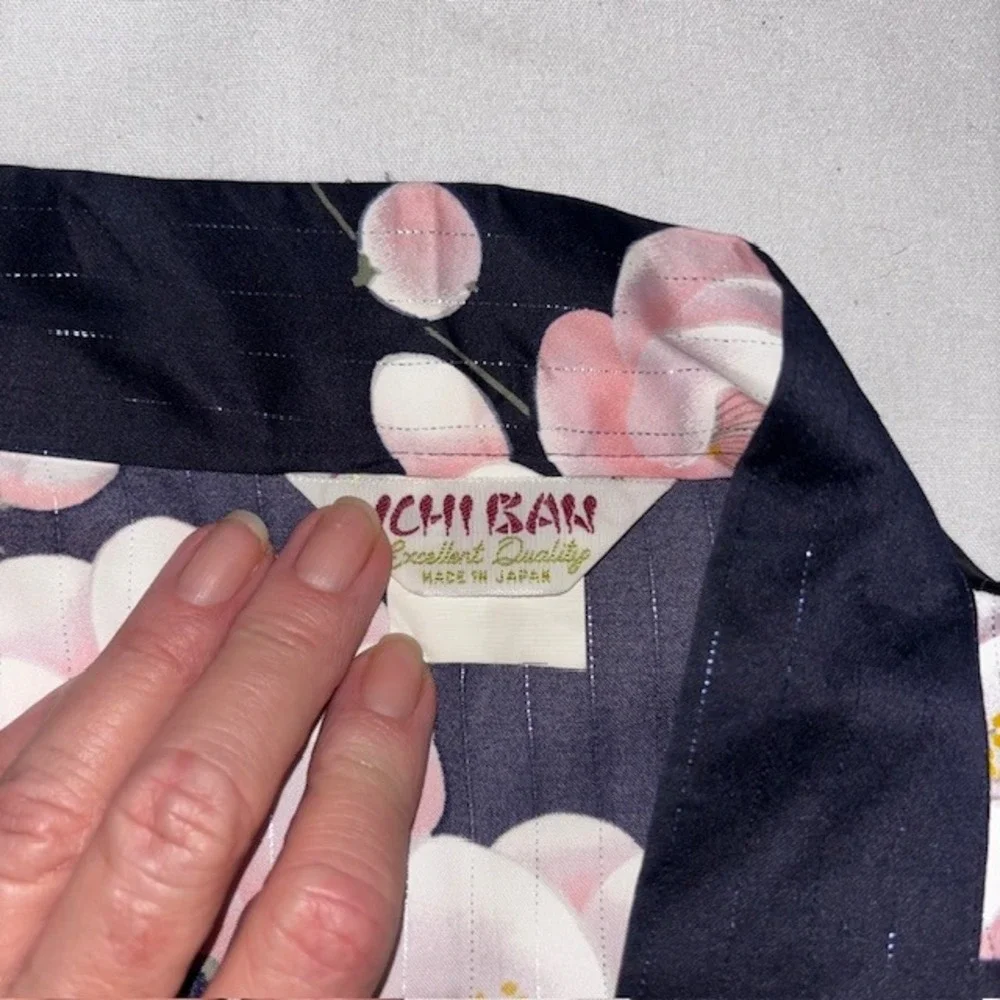 Ichiban Japanese Kimono Robe Navy Blue Pink Floral Cherry Blossom Metallic Japan